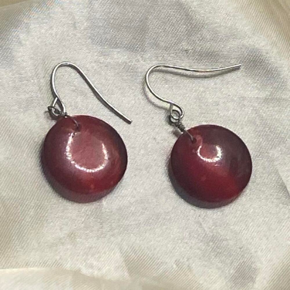 Vintage Cherry Red Translucent Lucite Disc Dangle Earrings Silver Tone Pierced
